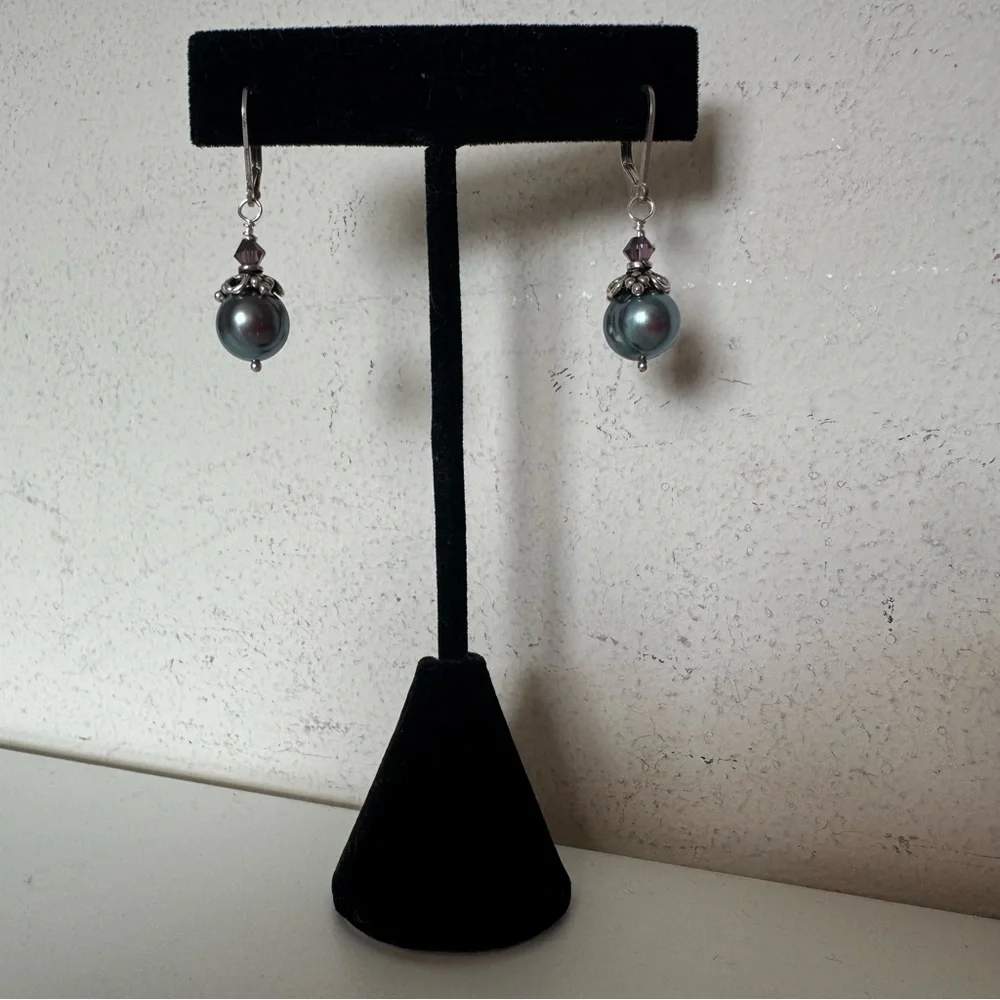 Large Gray Pearl and 925 Sterling Silver Dangle Drop Handmade Earrings